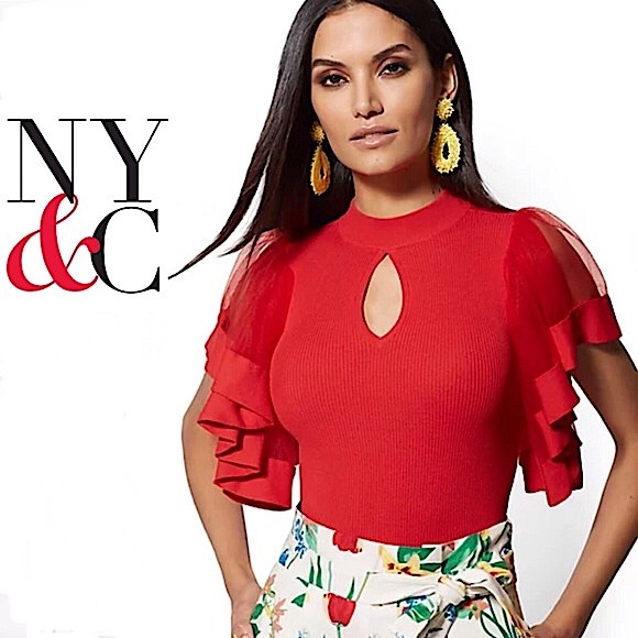 New York & Company Tops - *NWOT 7th Avenue Design Studio NY&C- Red Ribbed Sweater with Tulle Sleeves